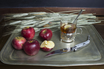 Autumn breakfast with a tea and apples