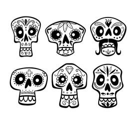 Hand drawn mexican skull collection. Cute cartoon sugar skulls isolated on white background. Set 1 of 2. Vector illustration.