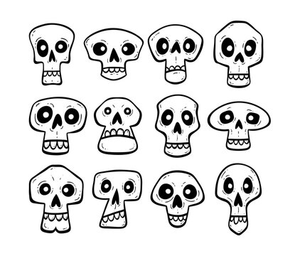 Hand drawn skull collection. Funny cartoon skulls isolated on white background. Vector illustration.
