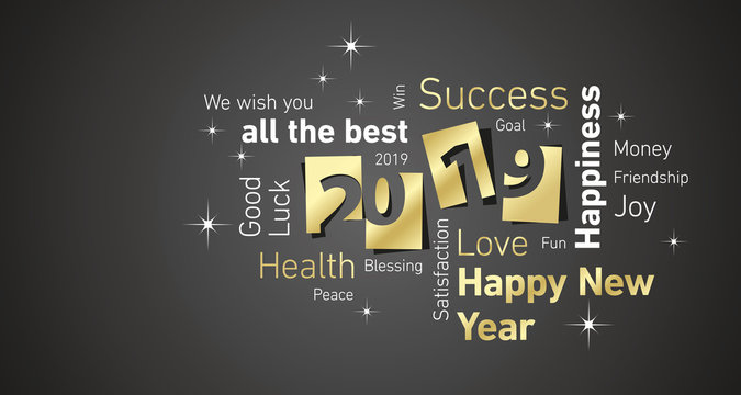 Happy New Year 2019 negative space word cloud gold white black vector
