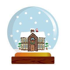 スノードームのイラスト｜雪景色の西洋風の煙突の家とサンタクロース｜snow dome,globe
