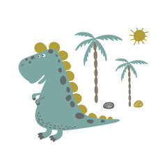 vector illustration of a cheerful dinosaur in the nature