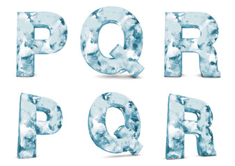 Ice font 3d rendering. Letters P, Q, R