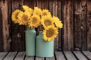 Poster Two bunches of sunflowers in green buckets on a rustic plank table. © Mary Lynn Strand