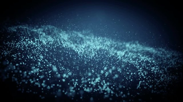 Abstract particle bright blue wave background. Dynamic wavy effect flow with glowing sparkles. Motion graphics 3D animation backdrop with depth of field. 4K