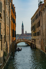 Narrow canal with green wather in Venice, Veneto, Italy