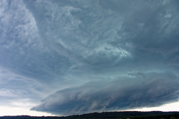 beautiful sky with clouds over the field near the forest