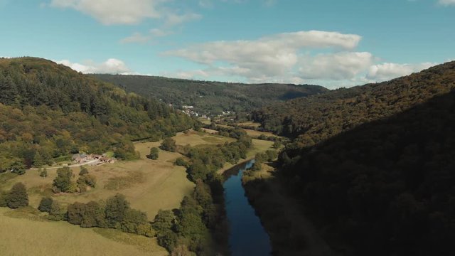 Aerial drone shot of Wye river & Valley, beautiful countryside landscape in Wales