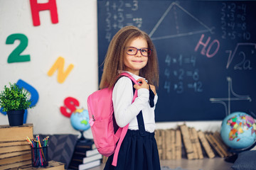 Little girl with a pink school backpack. The concept of school, study, education, friendship, childhood.
