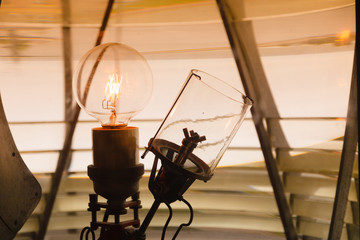 Fototapeta na wymiar inside of a lighthouse showing the light bulb interior.