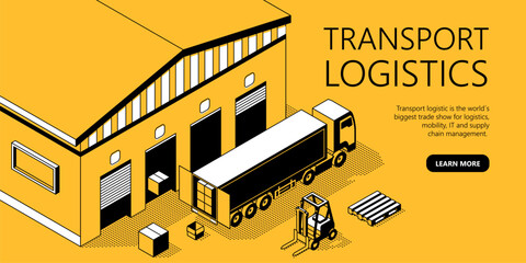 Vector 3d isometric site template with warehouse, truck. Thin line art, portal with button for transport logistics. Yellow background with goods and storage. Commercial shipping for internet page.