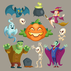 Vector Halloween characters - scary vampire, spooky Frankenstein and pretty witch. Cartoon skeletons, bat, pumpkin - jack-o-lantern isolated on gray background. Cute elements for the October holiday.