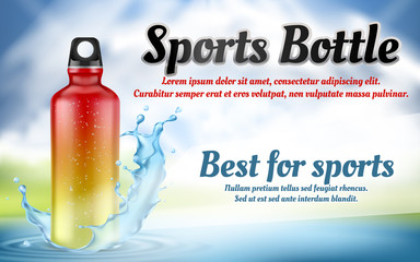 Vector promotion banner with plastic sports bottle in blue water splash, isolated on light background. Mockup with colorful container for energy cocktails, flask for drinks for fitness, jogging, yoga