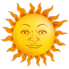 Sun of yellow color in vintage style face