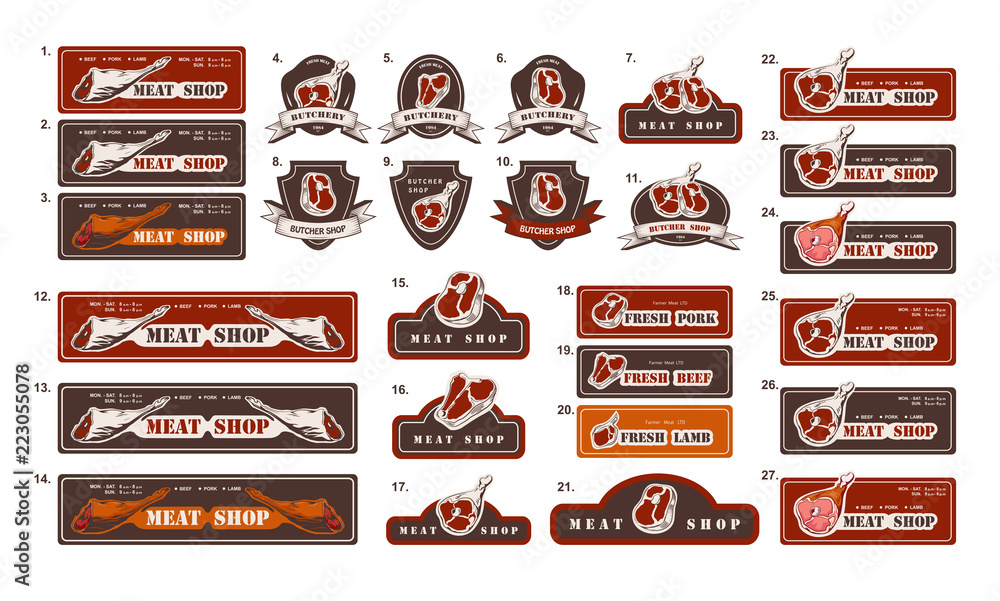Wall mural design template of butchery labels and signboards. big set of meat shop logos. butcher market logoty