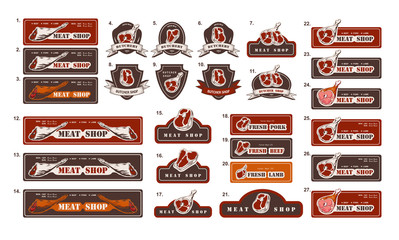Design template of butchery labels and signboards. Big set of meat shop logos. Butcher market logotype. Vector illustration.