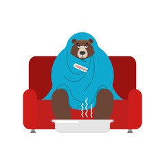 Bear sick sitting in armchair wrapped in blanket. Grizzly illness sneezing. Unhappy beast having flu sitting on sofa. vector illustration