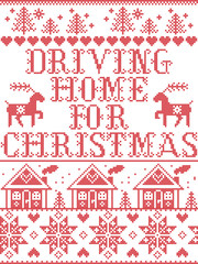 Christmas pattern Driving home for Christmas carol vector seamless pattern inspired by Nordic culture festive winter in cross stitch with heart, snowflake, snow ,Christmas tree,  reindeer