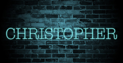 Fototapeta na wymiar first name christopher in blue neon on brick wall