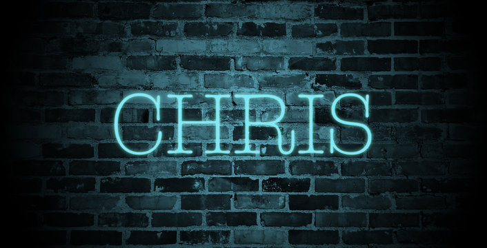 first name chris in blue neon on brick wall