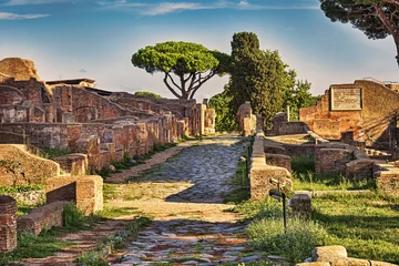 Afwasbaar behang Rudnes Archaeological Roman ruin street view in Ostia antica, a beautiful travel archaeology destination with well preserved ancient Rome ruins in ancient Ostia in Rome - Italy