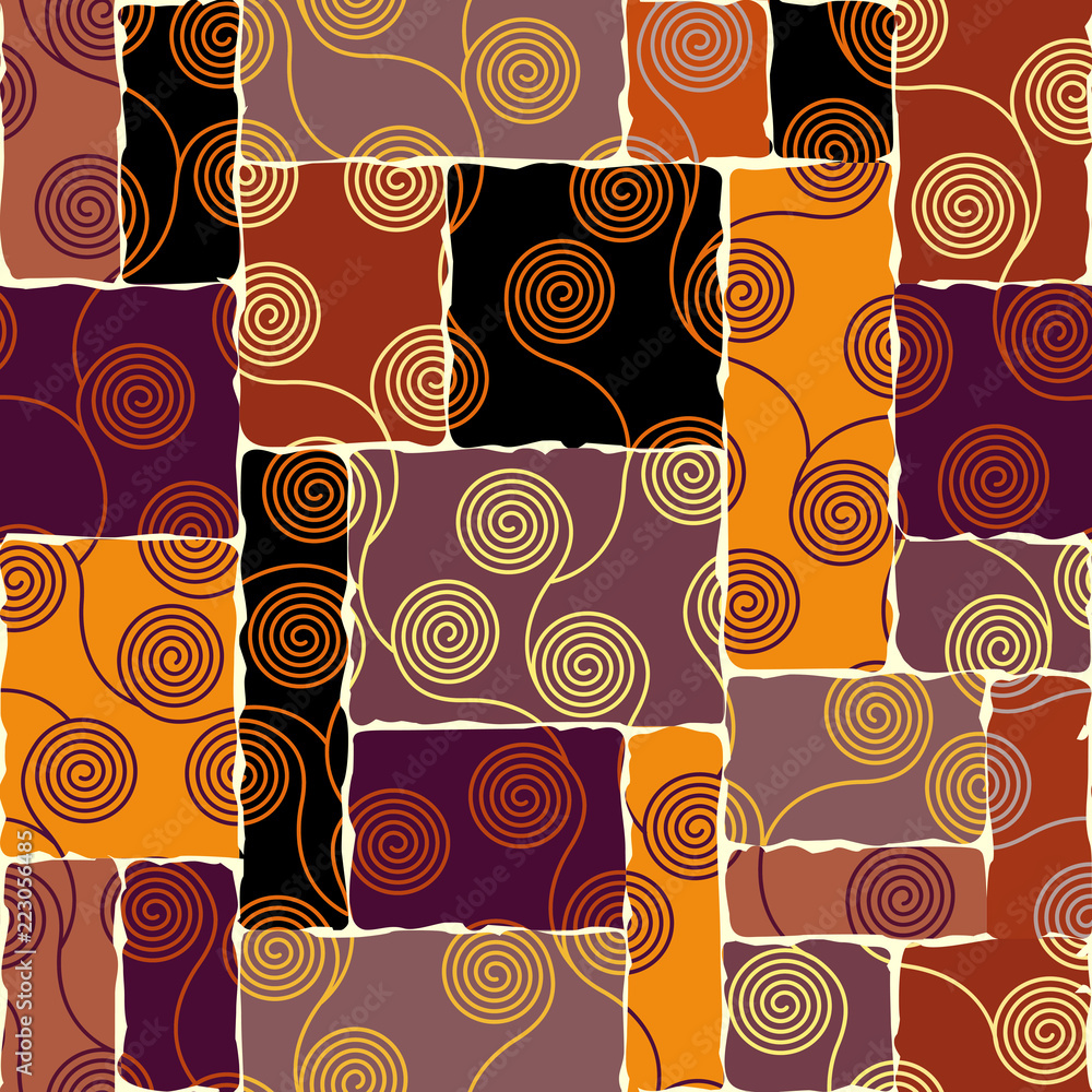 Poster seamless brown patchwork pattern. curly waves pattern in art nouveau style. vector illustration.