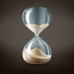 Vector 3d realistic hourglass with running sand inside, isolated on dark transparent background. Concept time passing or countdown concept.