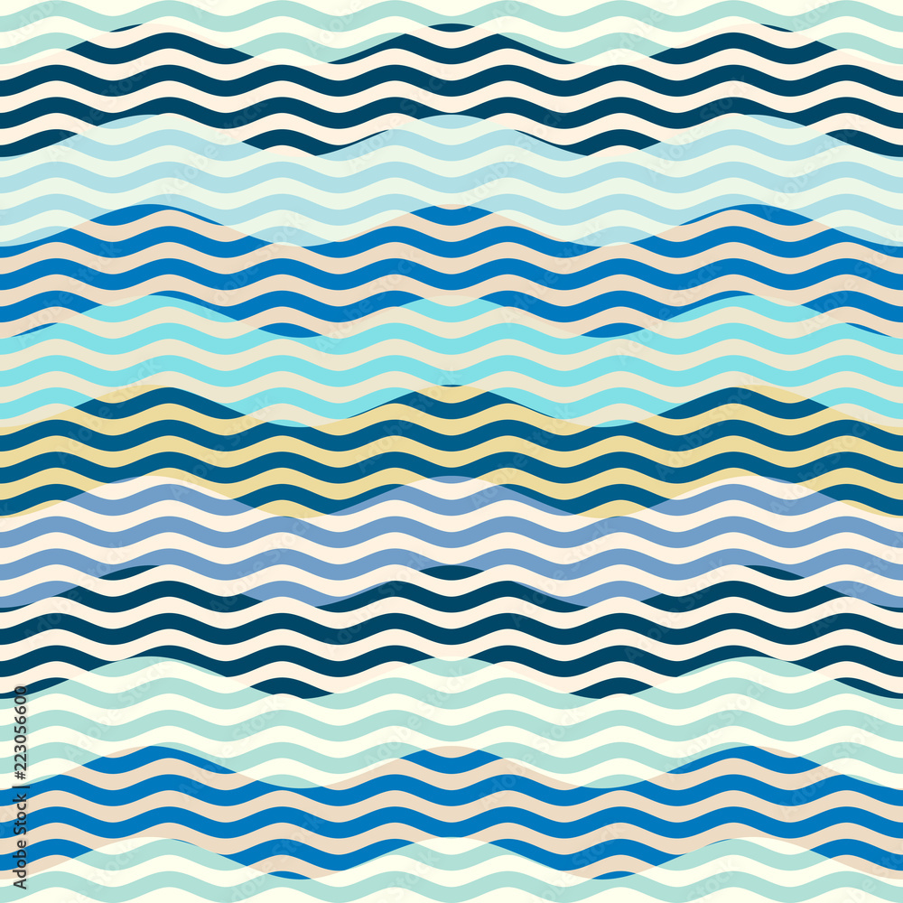 Poster Seamless pattern. Blue waves pattern in patchwork style. Vector illustration.