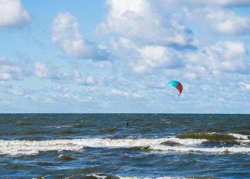 Kiteboarding. Extreme Sport Kitesurfing. Sea, clouds and kitesurfing.