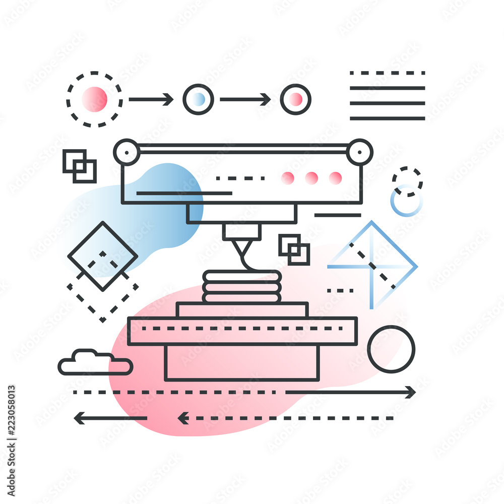 Poster 3D printing, scanning modelling technology process vector concept in trendy line with gradient flat color style.
