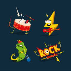 Set of 4 cartoon illustrations on the theme of rock.