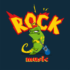 Cartoon image in rock style with chameleon and electronic guitar.