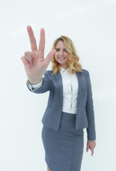 young business woman showing victory sign