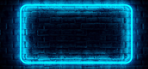 Naklejki  Nowoczesny futurystyczny klub neonowy niebieski prostokąt oświetlony pusta przestrzeń stary kamień grunge zamurowany szczegółowa ściana w pokoju tapeta tło renderowanie 3D