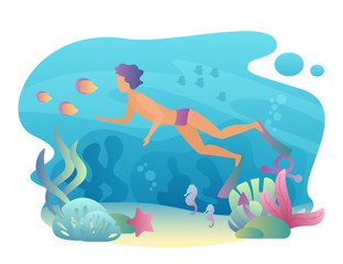 Obraz na płótnie Canvas Man snorkeling swims underwater. Summer sport leisure. Male diving vector illustration.
