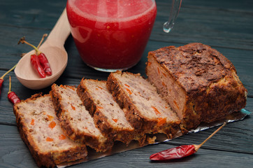 Homemade ground meatloaf. Ground or chopped meat, beef and chicken with added seasonings, molded...