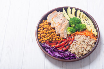 Buddha bowl with avocado , chicken , pepper , quinoa and chickpea