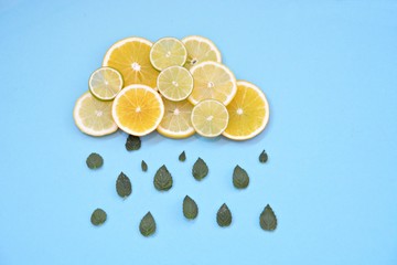 cloud made out of slices of lemons, limes and oranges and with a rain shower made out of mint leaves - concept with fruits as a cloud and mint as raindrops with space for text and objects