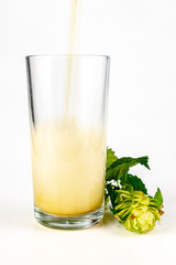 A pint of bright tasty beer with foam. Hop cones next to a cold alcoholic drink.