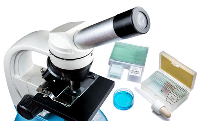 Microscopy equipment for laboratory research and medical tests, microscope with glass slides and blue liquid