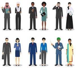 Business team and teamwork concept. Set of detailed illustration of businessmen standing in different positions in flat style on white background. Diverse nationalities and dress styles. Vector