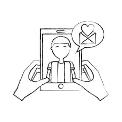 hands with smartphone man talk bubble message love