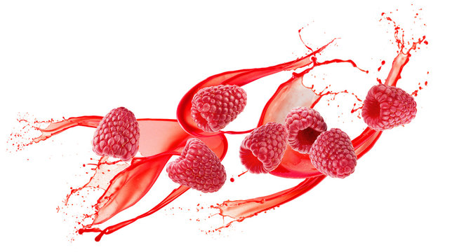 raspberries in juice splash on a white background