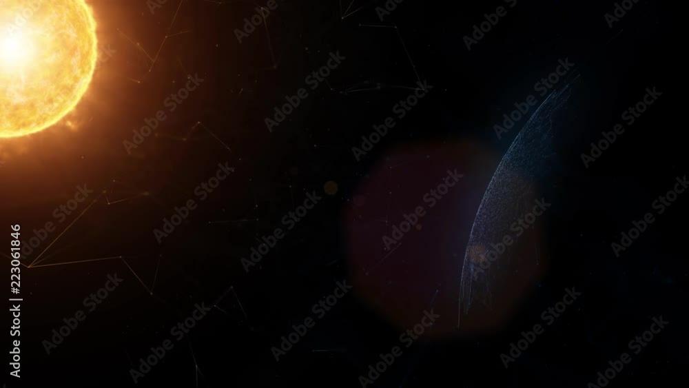 Poster abstract universe with sun, planet and artistic lines motion. view from space.