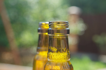 The necks of the bottles of beer