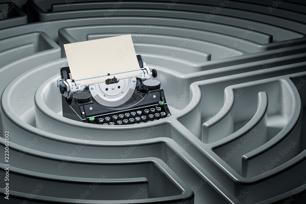Poster how to write a book, solution concept. typewriter inside labyrinth maze. 3d rendering