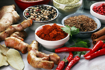 Spices and herbs on table. Food and cuisine ingredients.