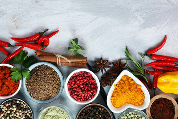 Spices and herbs on table. Food and cuisine ingredients.