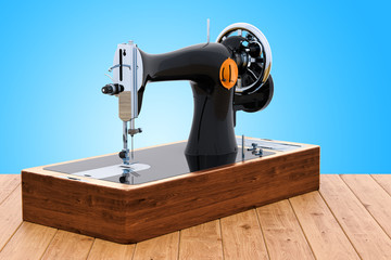 Retro sewing machine on the wooden desk, 3D rendering