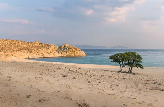 Pachia Ammos Beach in Samothrace island in Greece, at sunset with Turkey mountains in background
